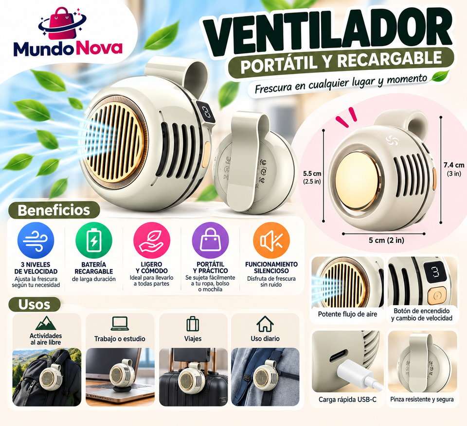VENTILADOR PORTATIL, uso diario y práctico para el calor